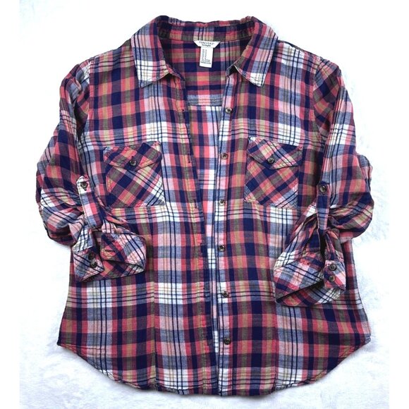 Forever 21 Womens Plaid Button-Up Shirt Sz M Coral & Navy Casual Western Top - Picture 7 of 9